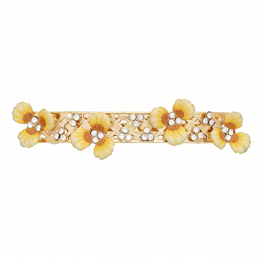 Gold Metal Hair Barrette With Yellow Enamel Flowers