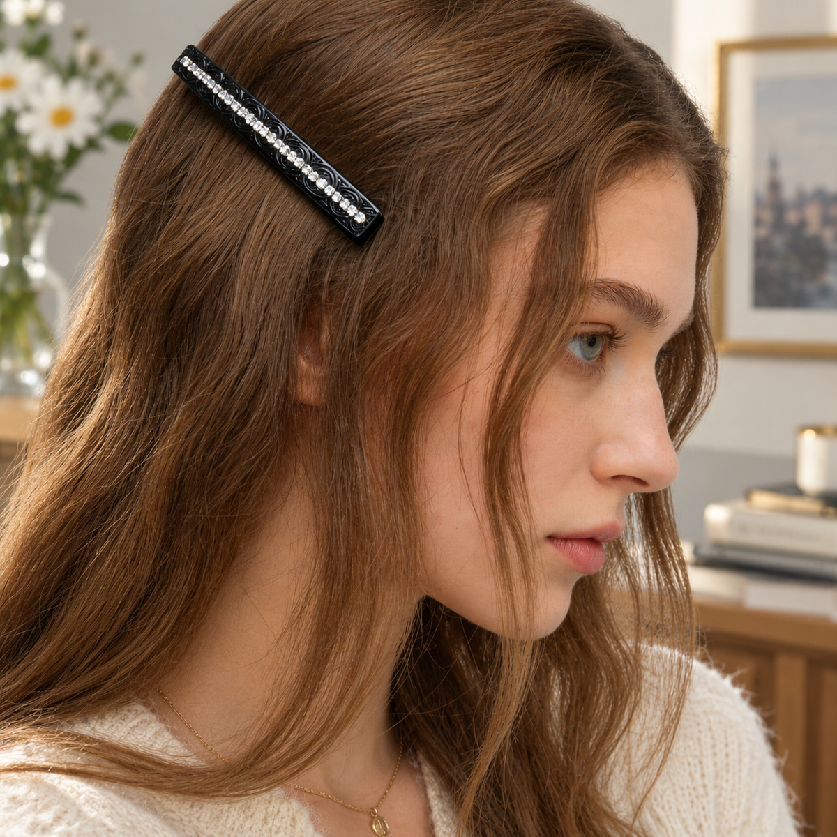 Black Engraved Long Hair Barrette