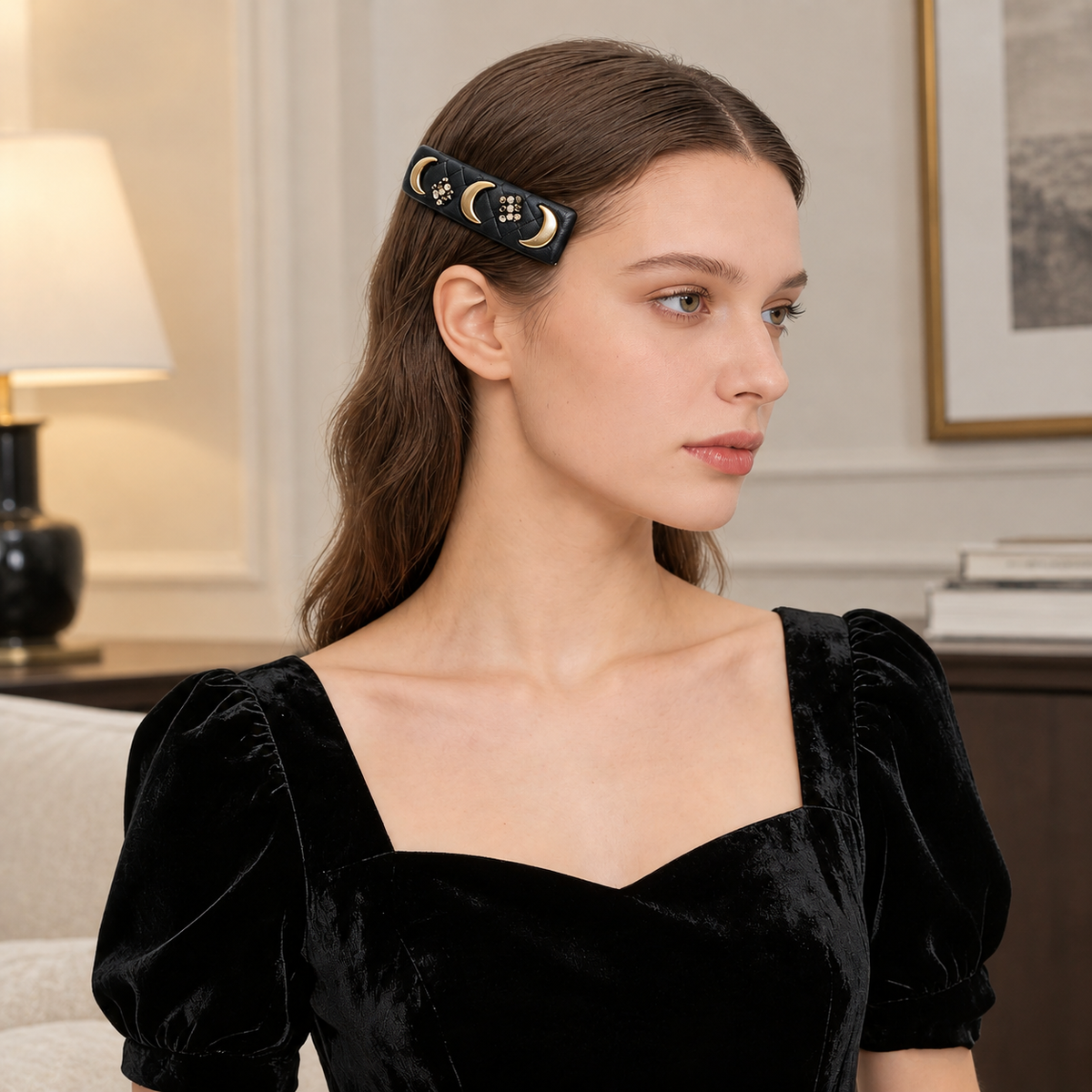 Black Quilted Faux Leather Hair Barrette