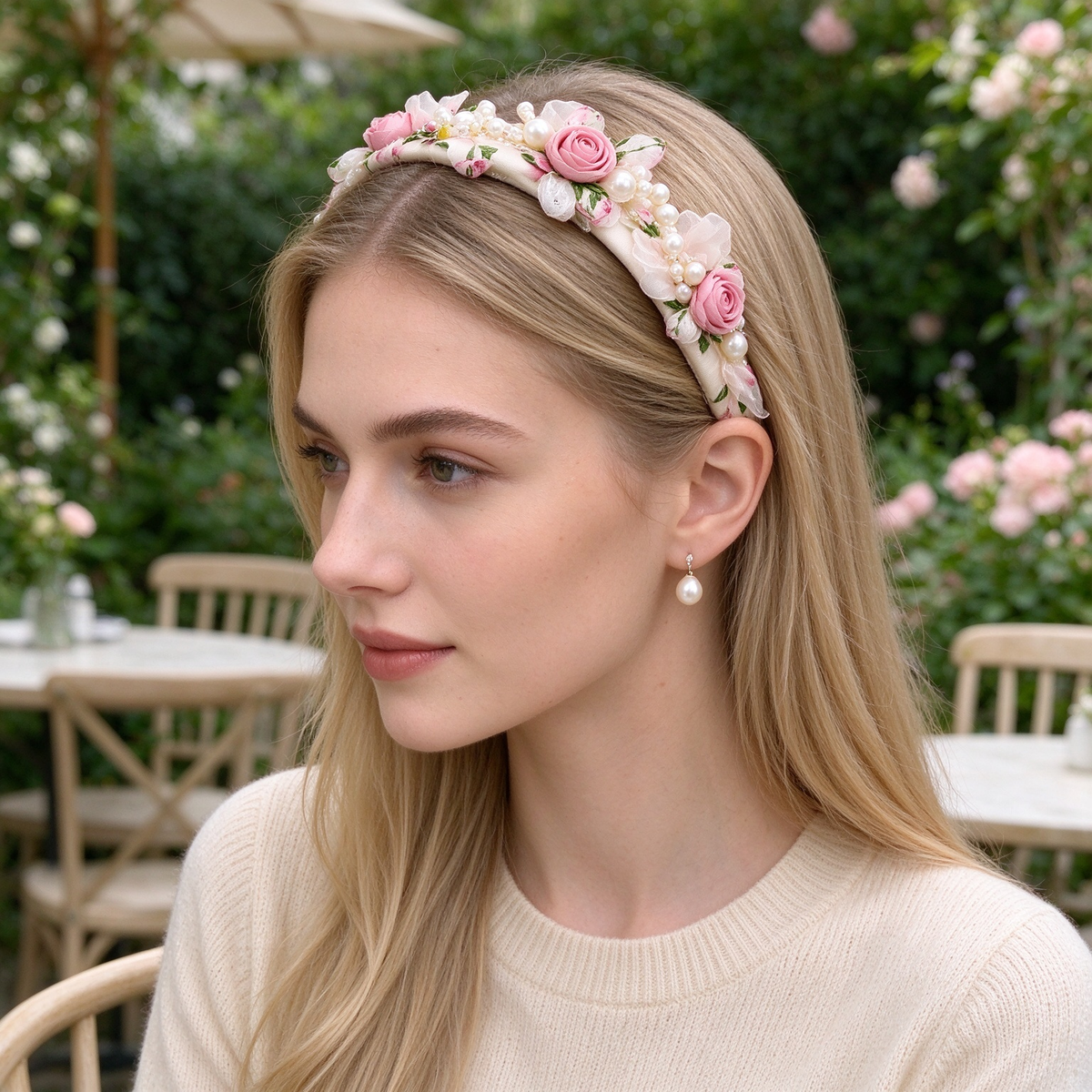 Cream Pink Rose 3D Floral Pearl Bridal Hair Band