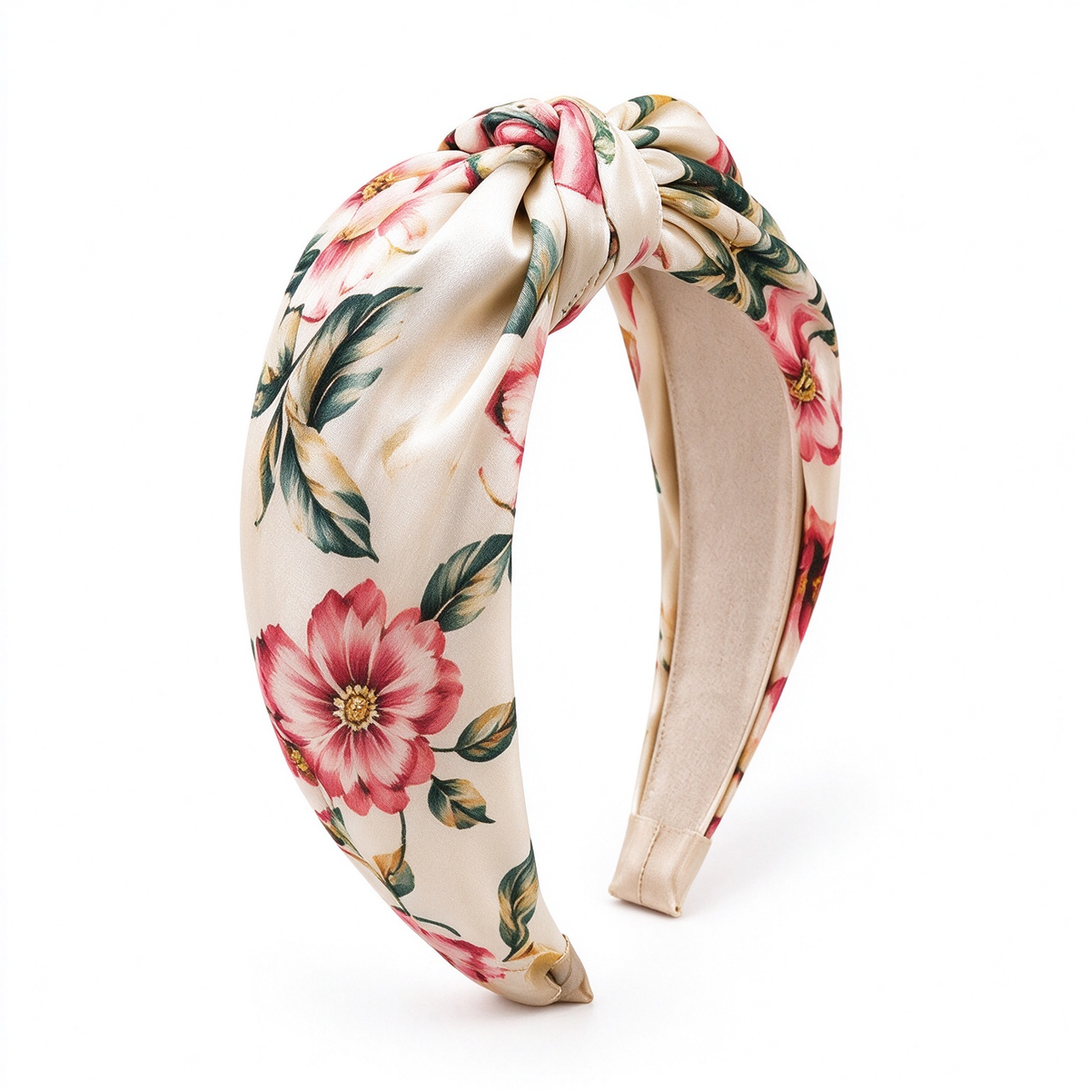 Cream Base Large Floral Satin Knotted Wide Hair Band