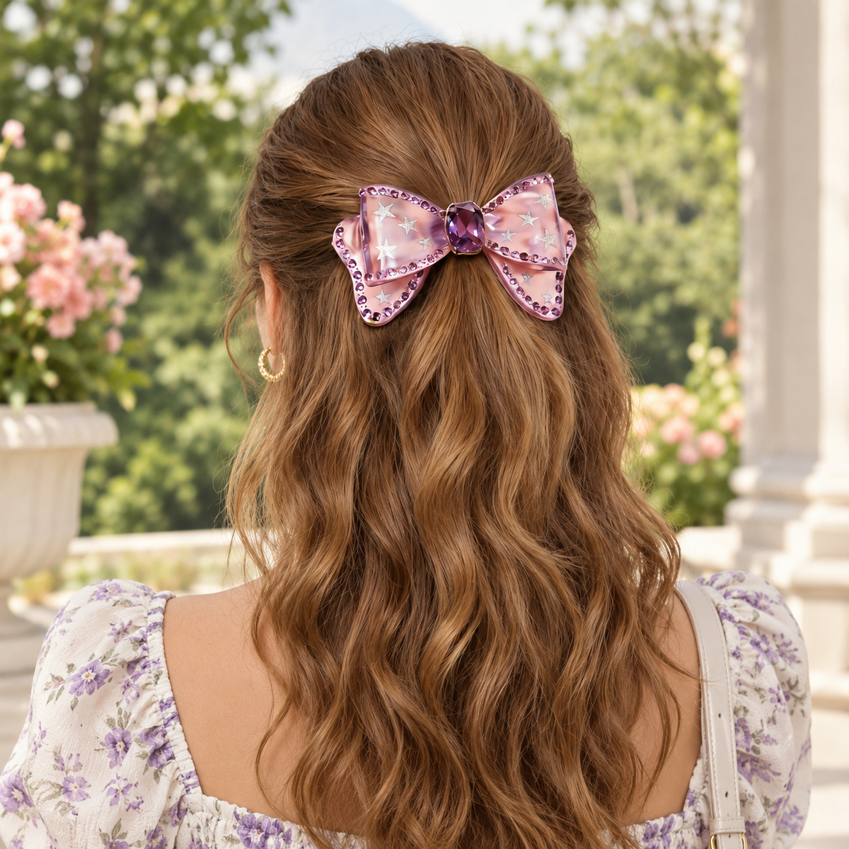 Light Purple Bow Hair Barrette With Star Rhinestones