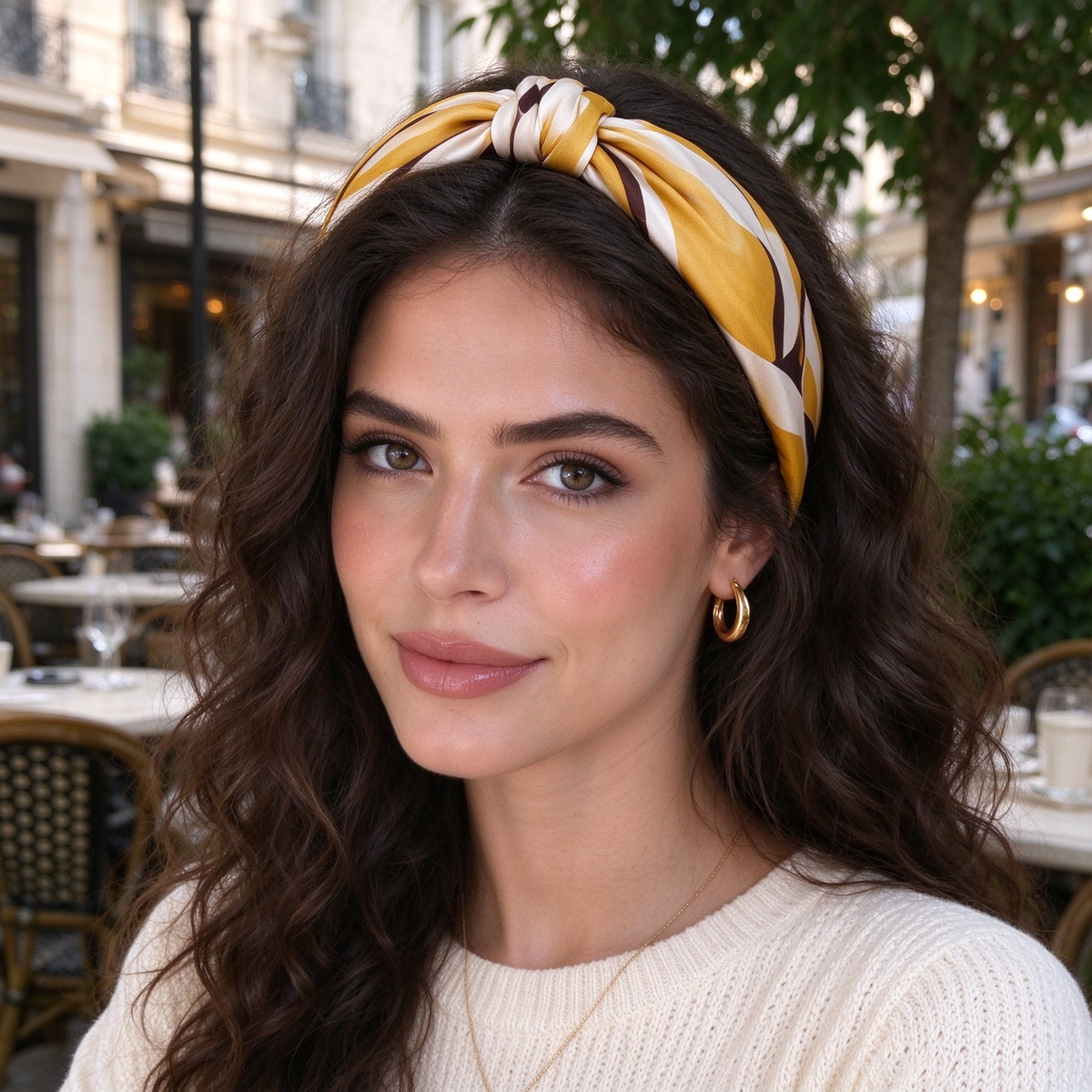 Yellow Brown Striped Knotted Wide Hair Band