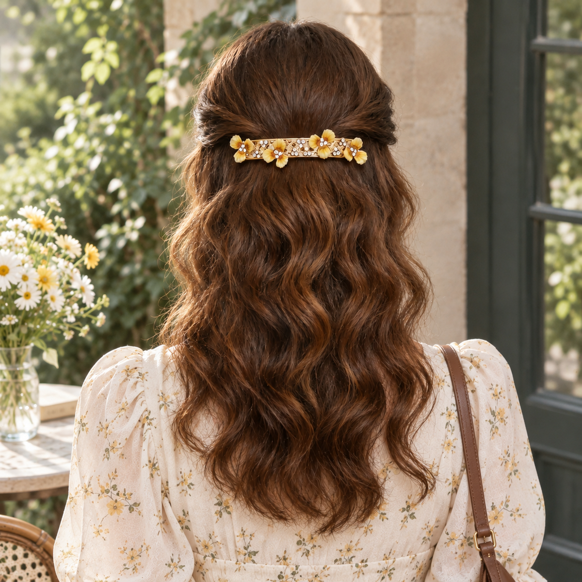 Gold Metal Hair Barrette With Yellow Enamel Flowers