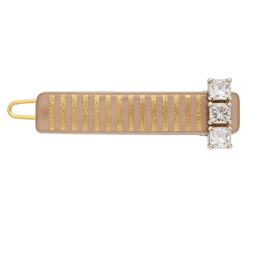 Taupe Gold Stripe Crystal Bar Hair Clip