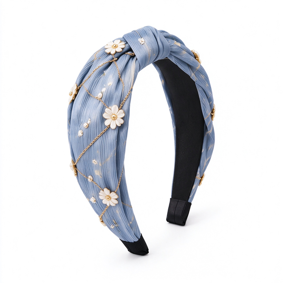 Dusty Blue Crinkled Fabric Daisy Chain Padded Hair Band