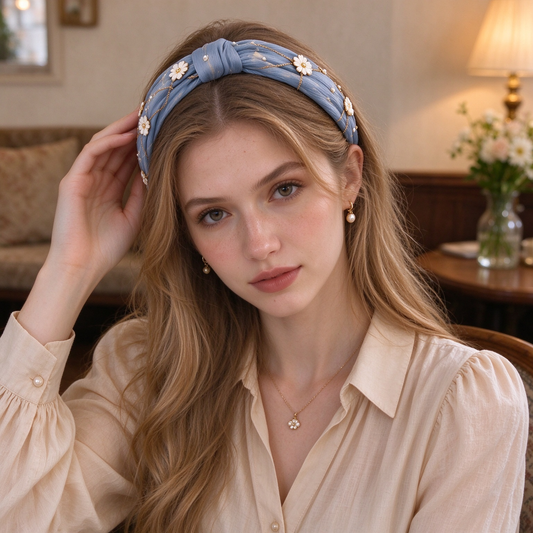 Dusty Blue Crinkled Fabric Daisy Chain Padded Hair Band