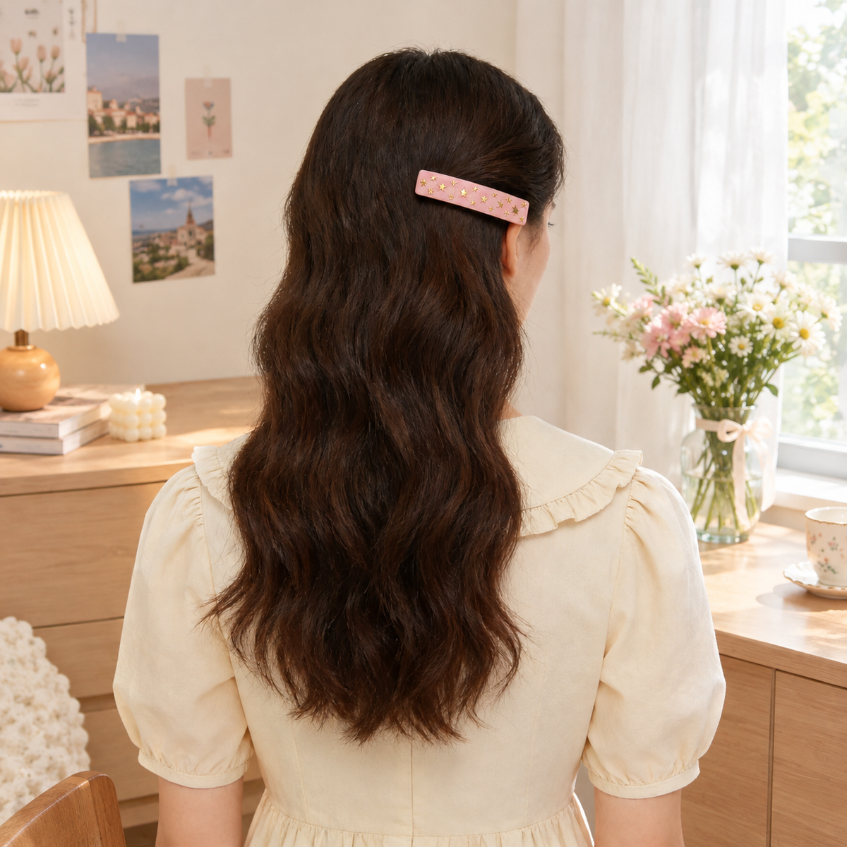 Blush Pink Hair Barrette With Gold Glitter Stars