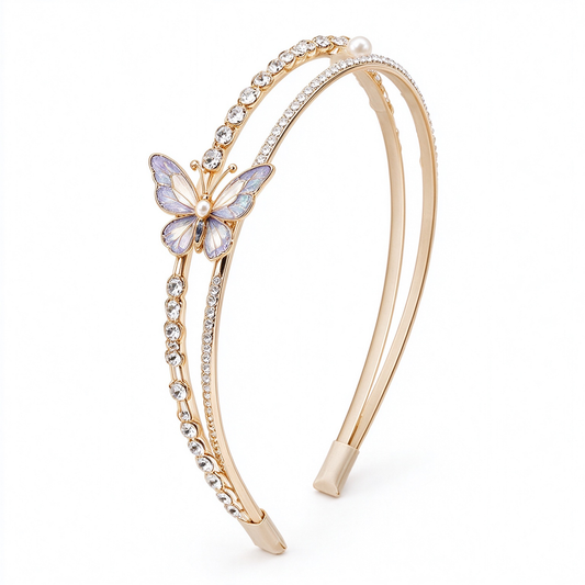 Gold Double Band Butterfly Crystal Pearl Thin Hair Band