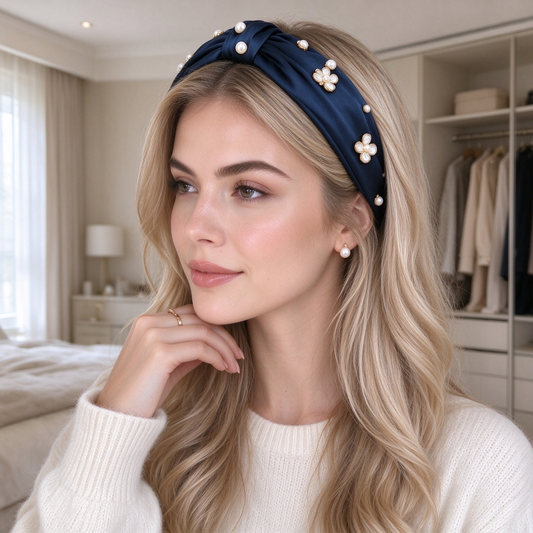 Navy Satin Pearl Flower Knotted Padded Hair Band