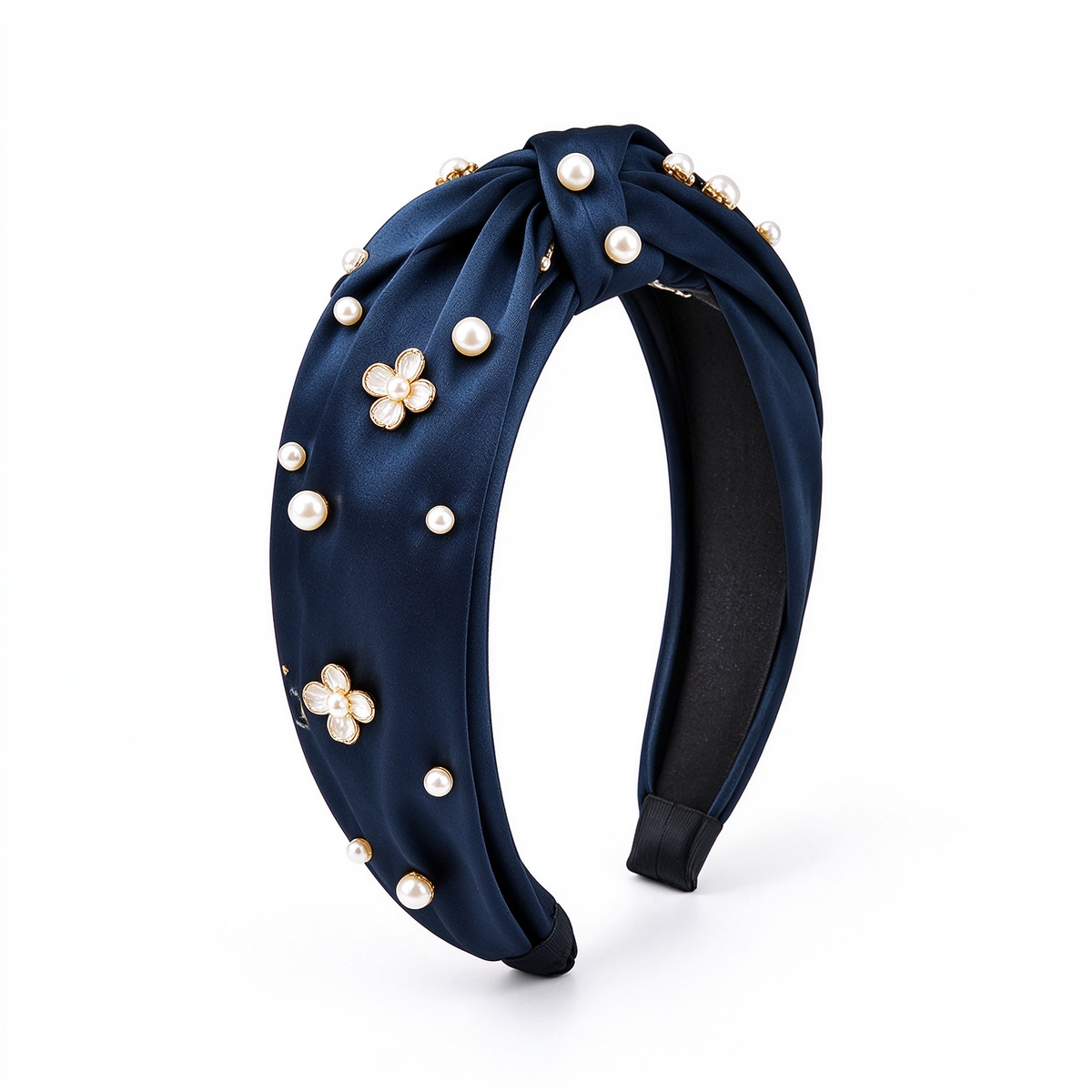Navy Satin Pearl Flower Knotted Padded Hair Band