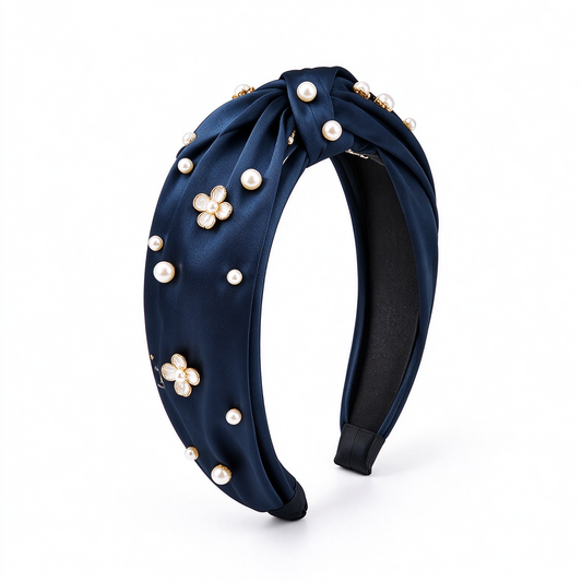 Navy Satin Pearl Flower Knotted Padded Hair Band