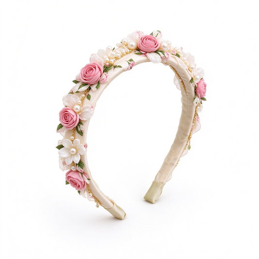 Cream Pink Rose 3D Floral Pearl Bridal Hair Band