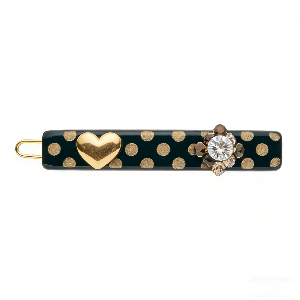 Dark Green Gold Polka Dot Heart & Flower Rhinestone Hair Clip