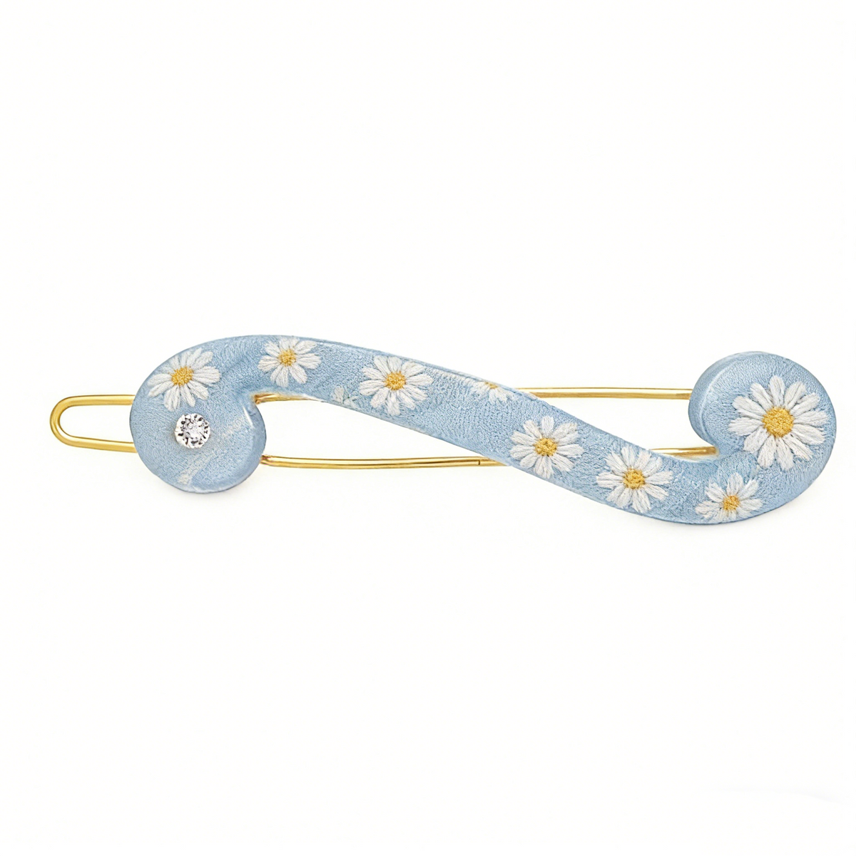 Light Blue Embroidered Daisy Curved Hair Clip