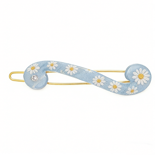 Light Blue Embroidered Daisy Curved Hair Clip