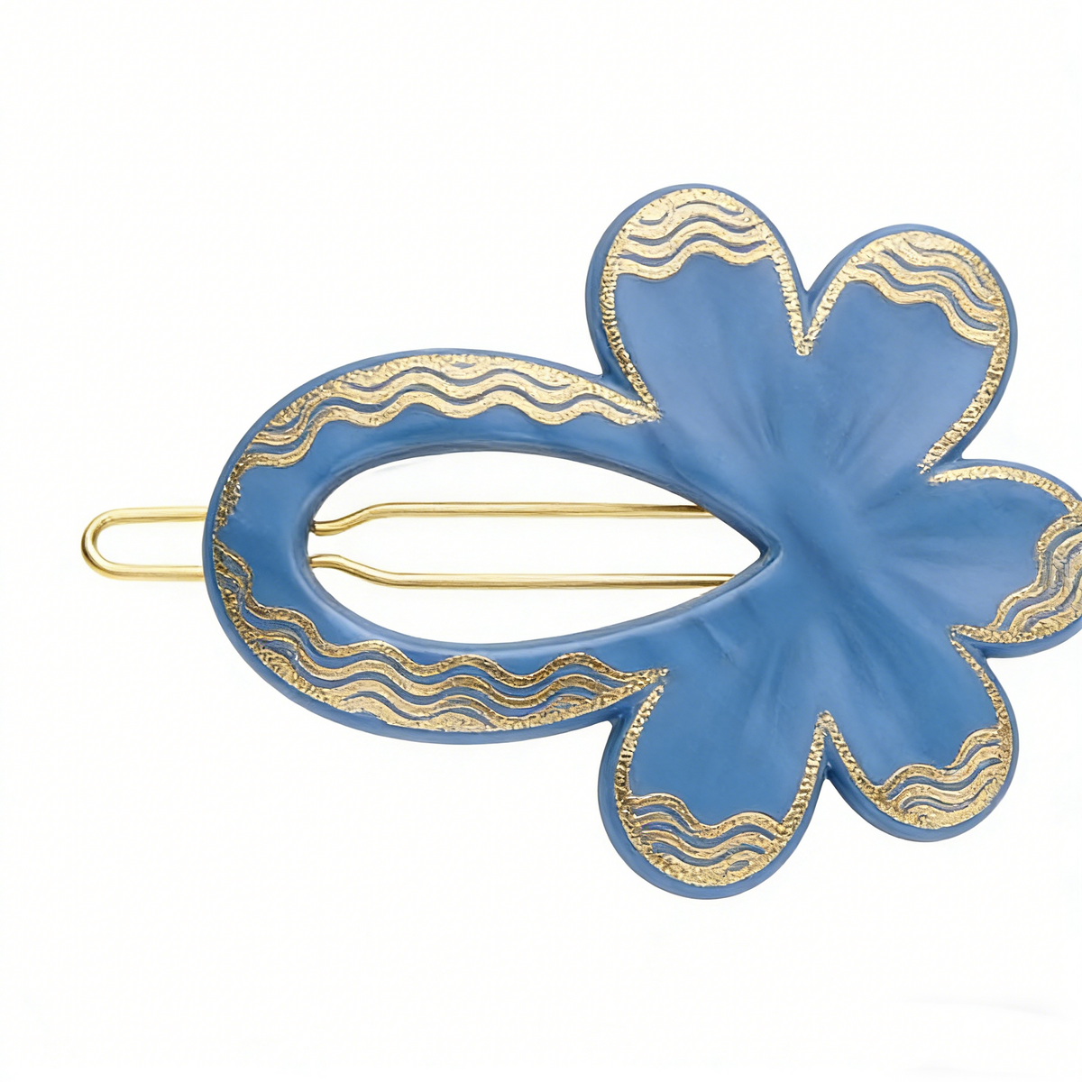 Blue Hollow Flower Large Statement Floral with Gold Wave Trim Hair Clip