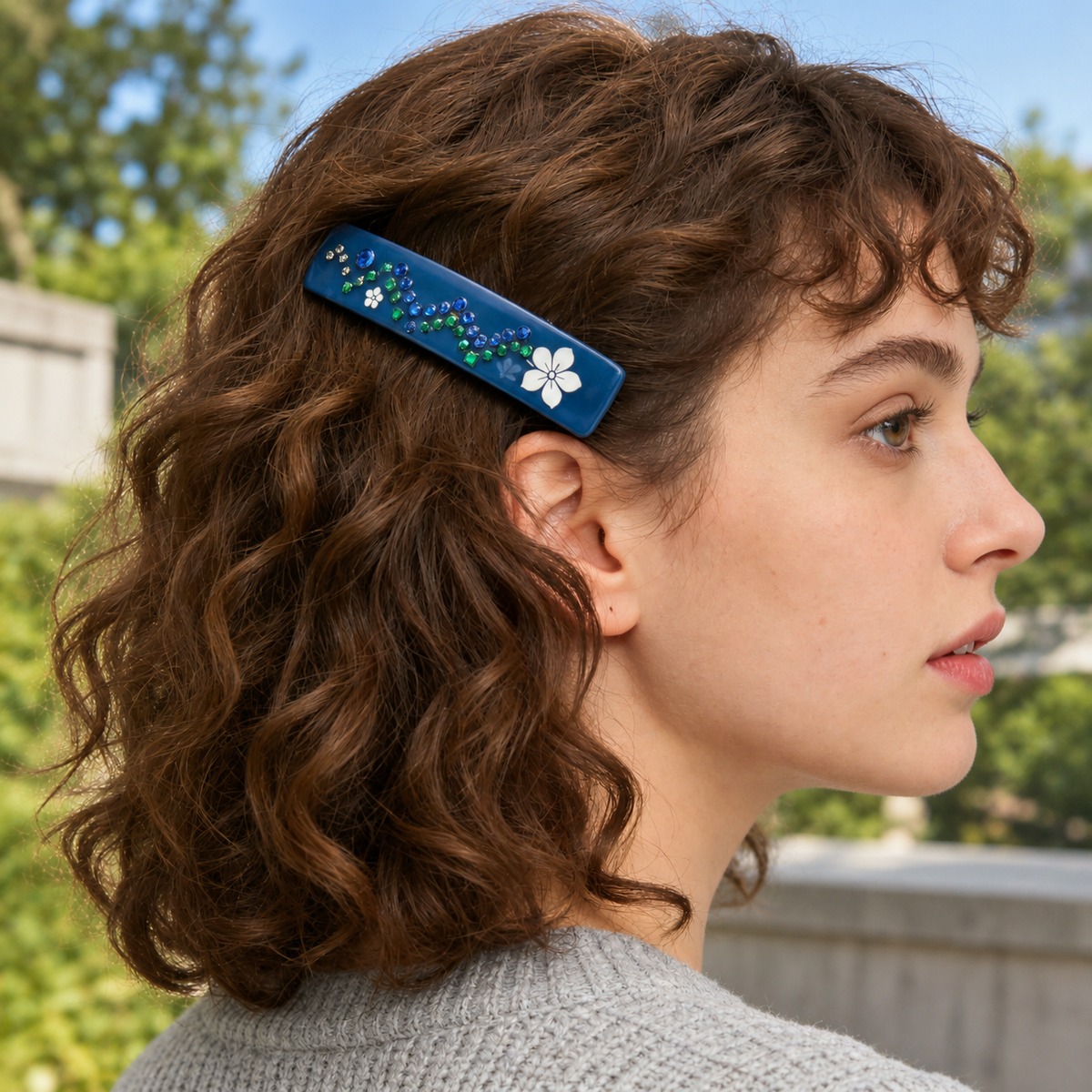 Deep Blue Floral Print Hair Barrette