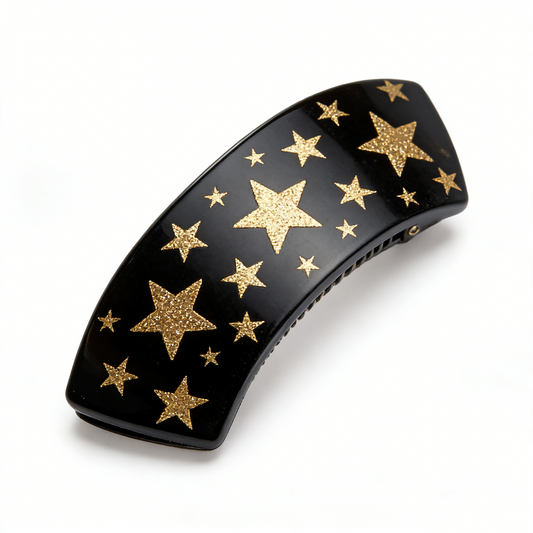 Black Banana Hair Barrette With Gold Glitter Stars