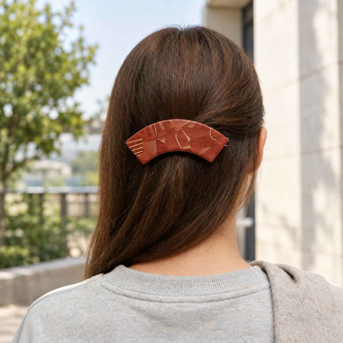 Rust Brown Leather Texture Curved Banana Barrette