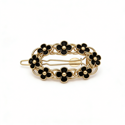 Gold Metal Black Enamel Clover Oval Point Hair Clip