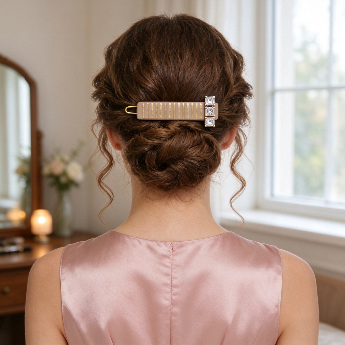 Taupe Gold Stripe Crystal Bar Hair Clip