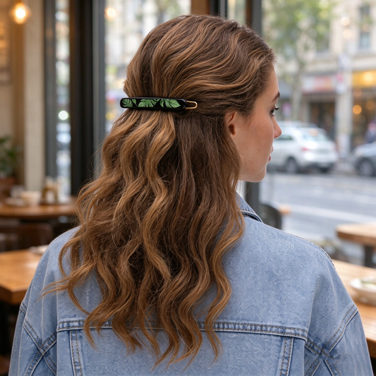 Black Monstera Leaf Print Long Hair Clip