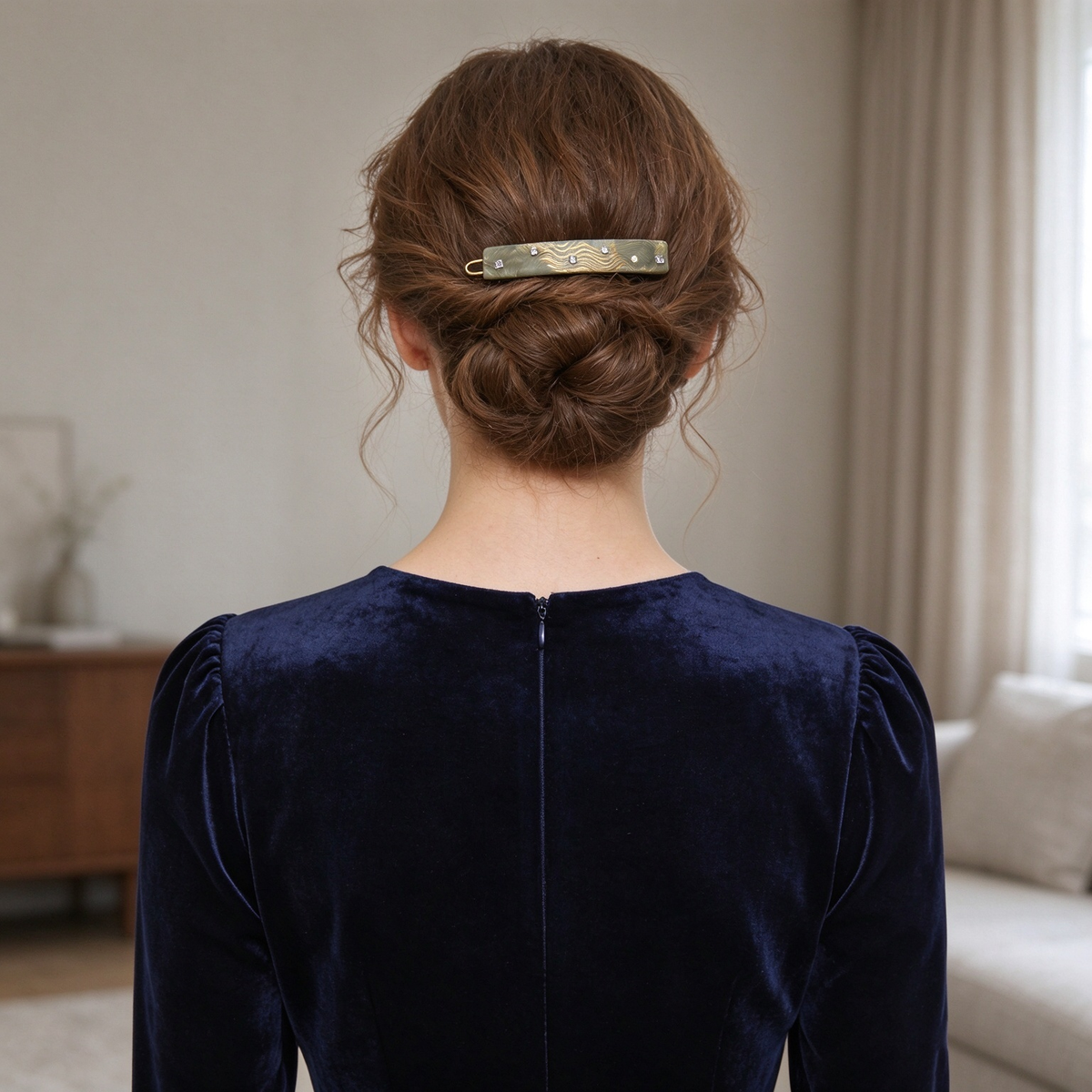 Luxury Texture Sage Green Gold Wave Rhinestone Point Hair Clip